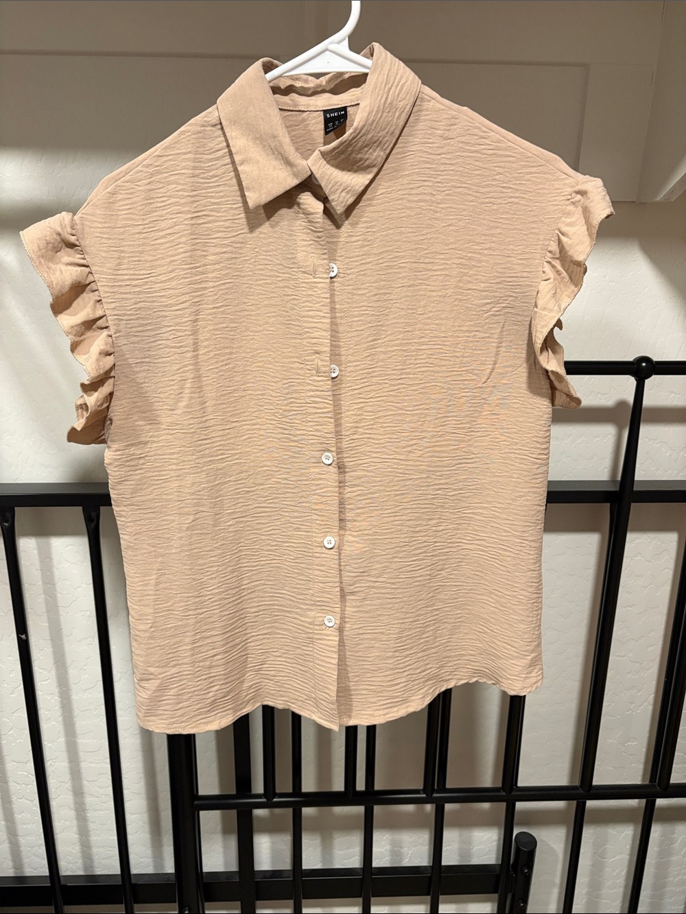 SHEIN Beige Ruffle-Sleeve Button Down Shirt